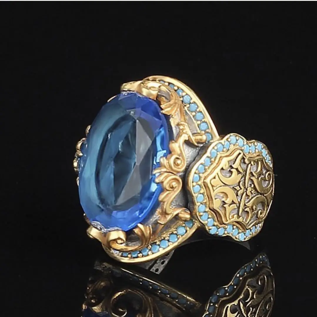 

Retro Bohemia Gold and Silver Bicolor CZ Blue Crystal Ring Luxury Domineering Men Oval Rhinestone Ring Engagement Jewelry
