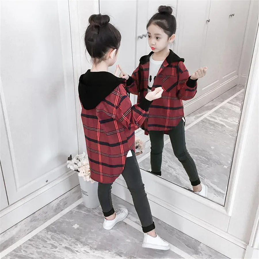 

Girls Plaid Blouses Spring Autumn Girls Cotton Hooded Shirts Kids Long Sleeve Clothes Tops Casual Girls Clothing 6 8 10 12 Years
