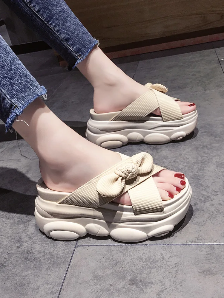 

Slippers Casual Butterfly-Knot Shoes Slides Platform On A Wedge Women Heels Pantofle Luxury Summer High Flat 2021 Scandals Fashi