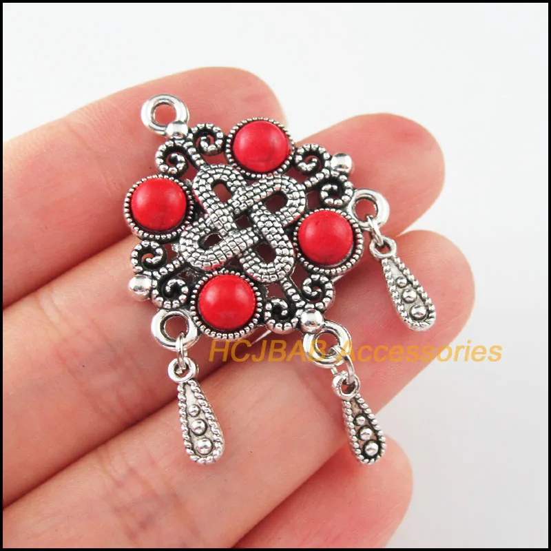 4 шт. Тибетский Серебряный тон китайский узел красный камень каплевидные