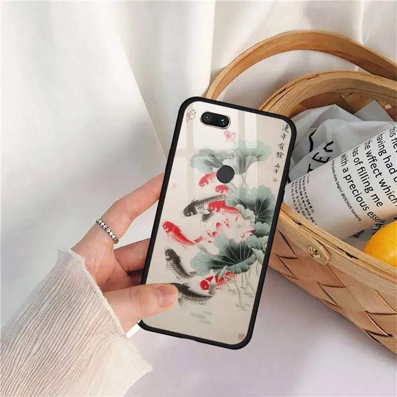 

Chinese Koi Fishes Phone Case Tempered glass For xiaomi 6 8 lite se MIX2 2S Redmi 4X 5 6 6a note 4 5 6 7