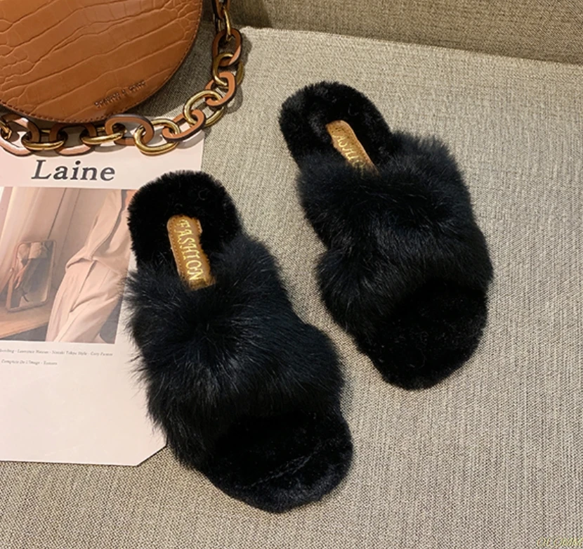 

2020 New Ladies Fluffy Rabbit Fur Slippers Casual Cross Soft Indoor Slides Furry Warm Lazy Quality Flip Flops Plush Shoes