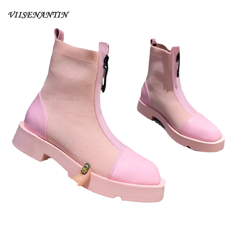 

Autumn and Winter Women's Boots Square Toe Personality Front Zipper Martin Boots Thick-heeled Leather Stitching Short Boots