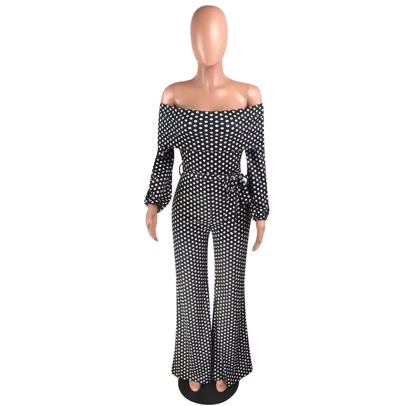 

Women Jumpsuit Black White Polka Dot Print Sexy Slash Neck Long Sleeve Wide Leg Romper Retro Off Shoulder Backless Sash Overall