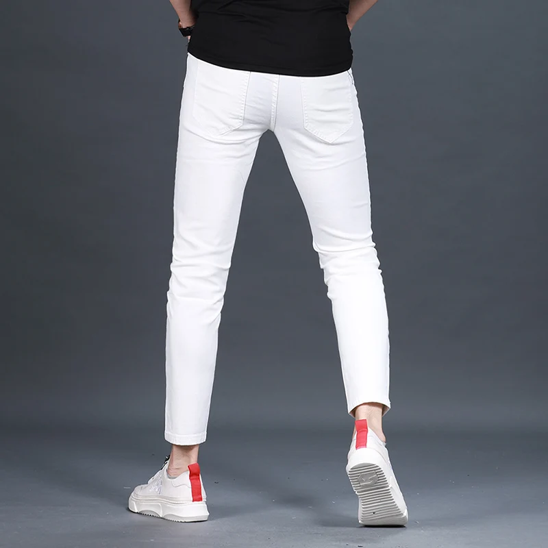 Summer Men's Cotton Stretch White Jeans Korean Style Casual Slim Fit Ankle-Length Pants