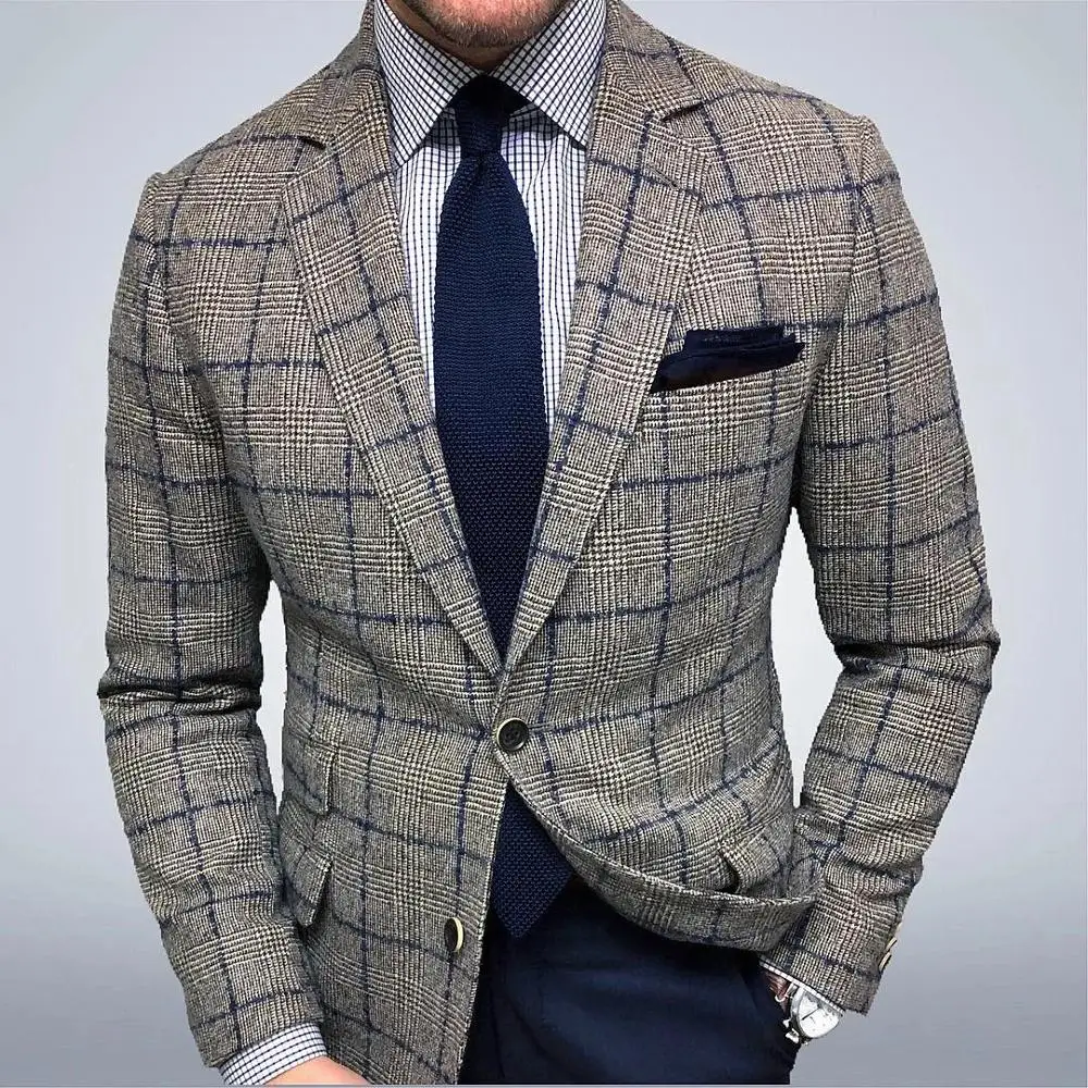 

2020 Men Blazers British Style Plaid Blazer Masculino Wedding Business Casual Suit Jacket Streetwear Social Coat Ropa Hombre