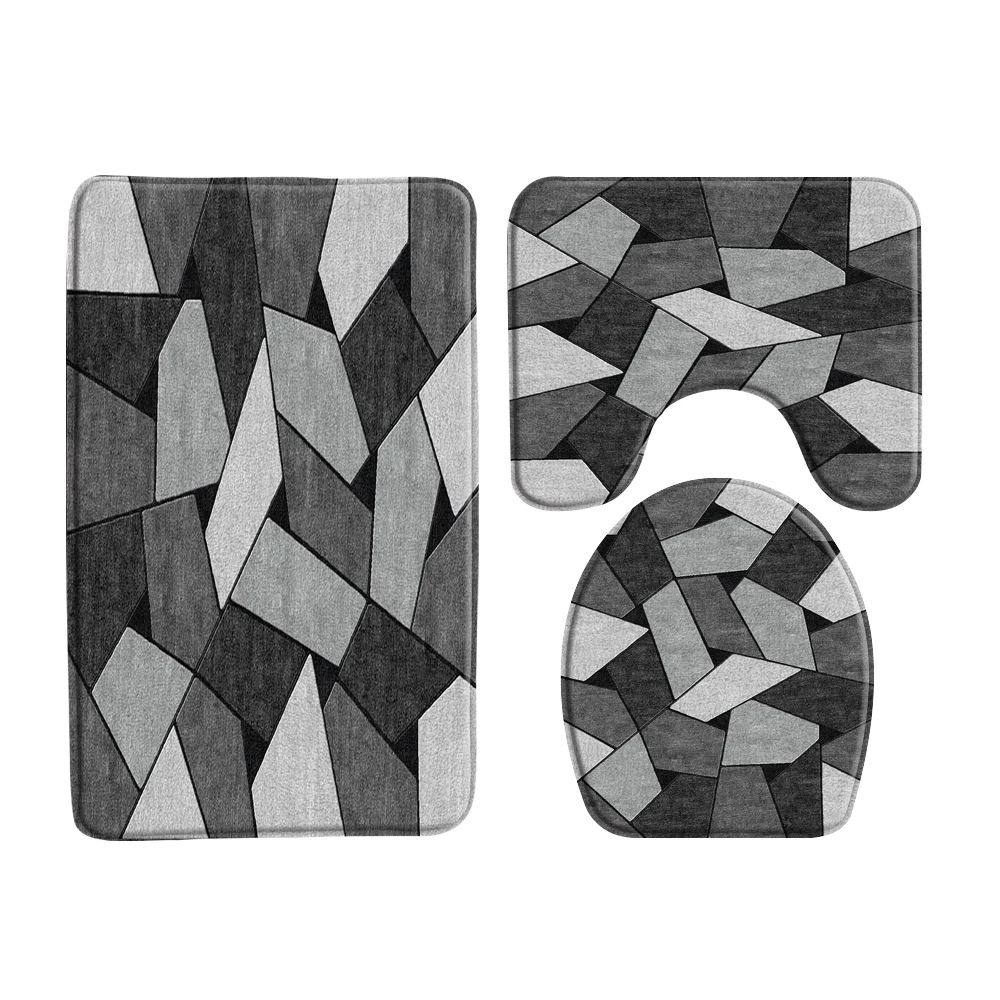 

Modern Simplicity 3D Grey Geometry Pattern Bathroom Bath Mat Set Toilet Rugs Home Toilet Lid Cover Shower Room Rug Floor Mats