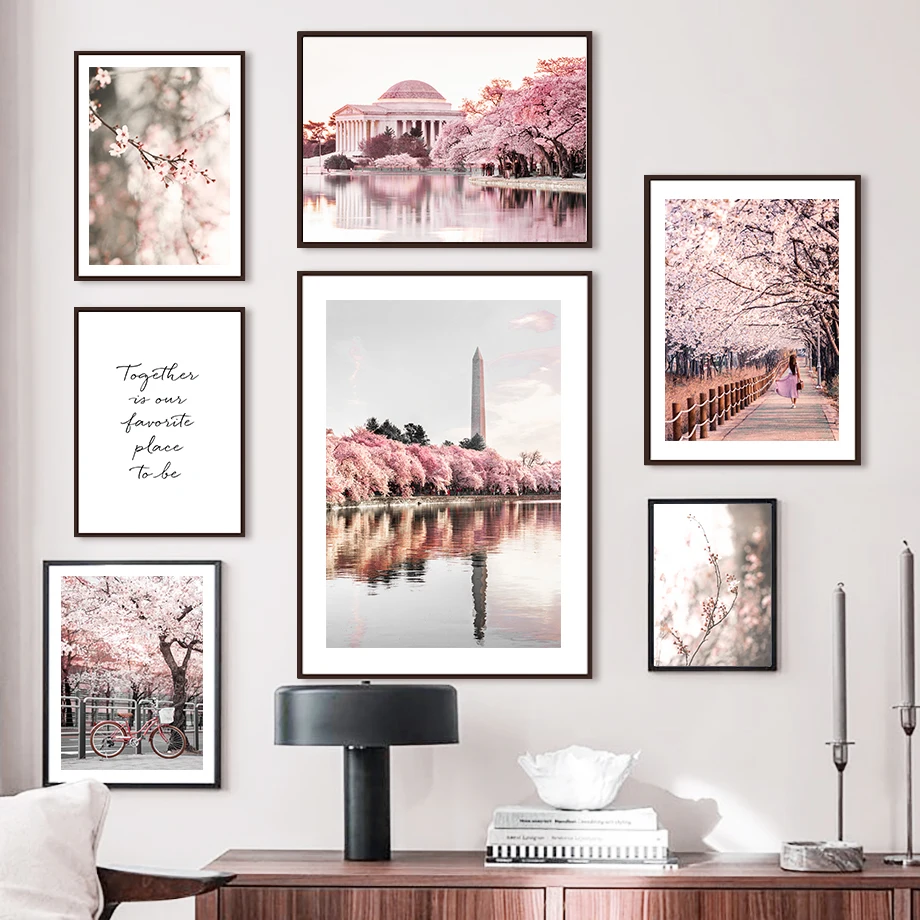 

Pink Sakura Building Girl Bicycle Quotes Wall Art Canvas Painting Nordic Posters And Prints Wall Pictures For Living Room Decor