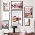 Настенная картина розового цвета с изображением сакуры для строительства девушки велосипеда, настенные картины на холсте, скандинавские постеры и принты, настенные картины для декора гостиной