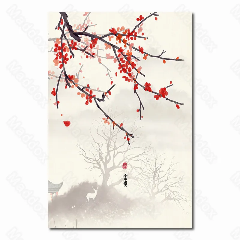 

Modern Home Decor Winter Plum Blossom Persimmon Tree Aesthetic Artistic Conception Chinese Retro Style Decorative Painting