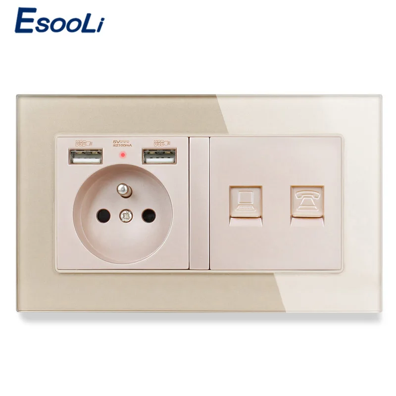 ESOOLI стеклянная панель французская стандартная розетка с 2 usb-портом для зарядки +