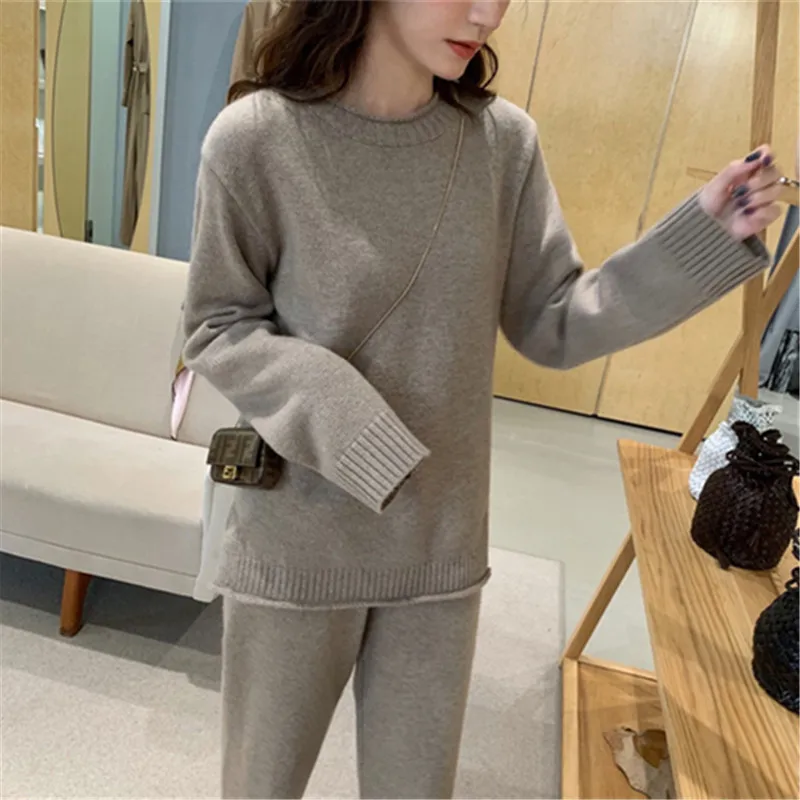 Осенне зимний высококачественный Женский свитер комплект из 2 предметов вязаный