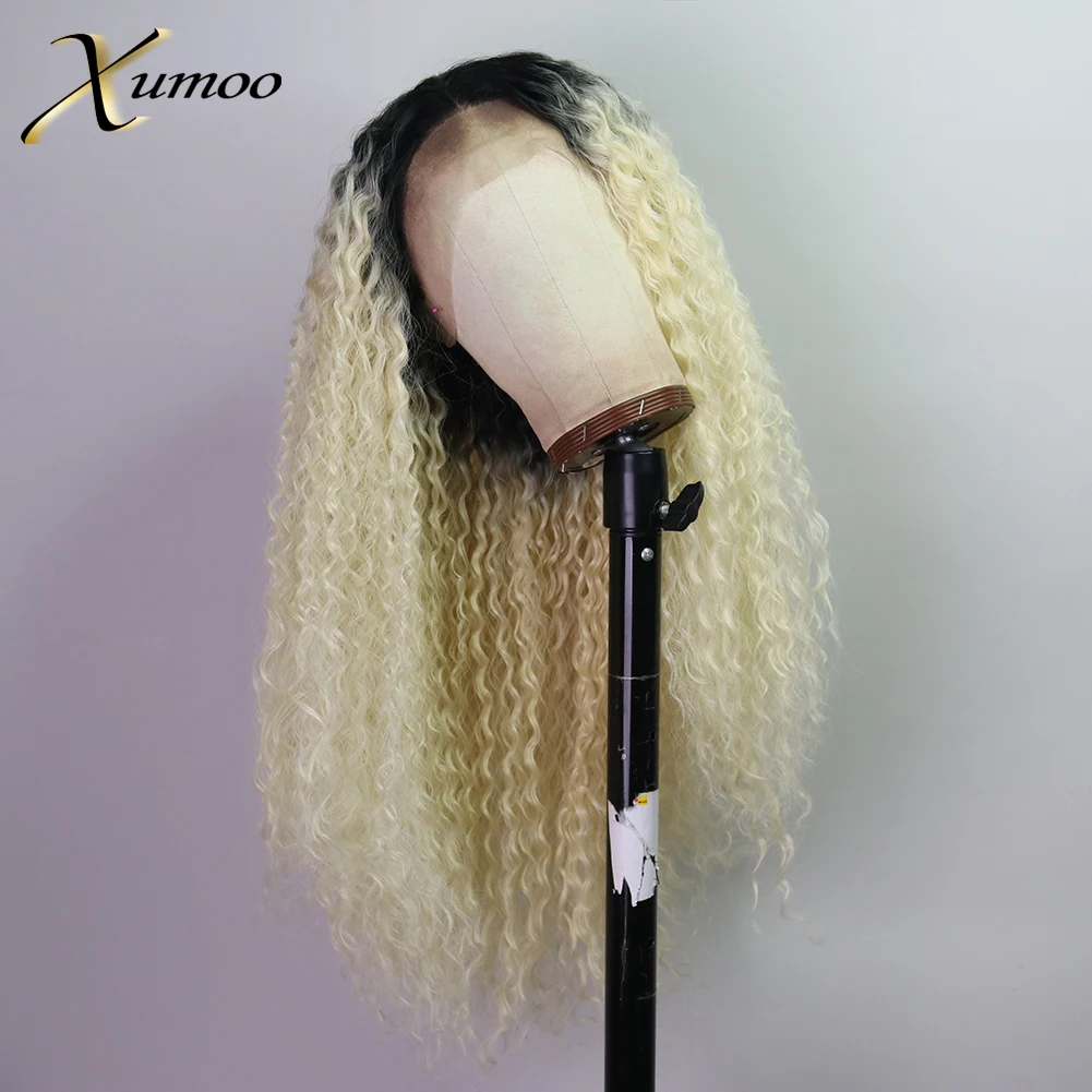 

XUMOO Ombre Blonde Afro Curly Synthetic Wigs With Dark Roots Glueless 1B 613 Blonde Platinum Lace Front Wigs For Black Women
