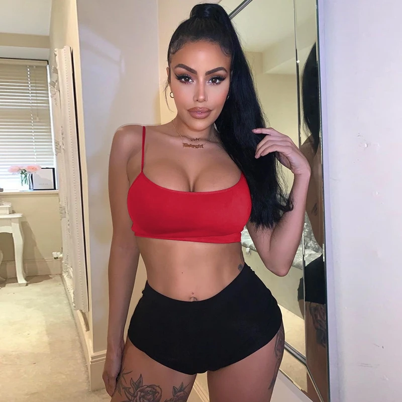 

Beach Sexy 2 Piece Set Women Summer Casual Skinny Two Piece Club Outfits for Women Black Strap Crop Top and Black Shorts Set