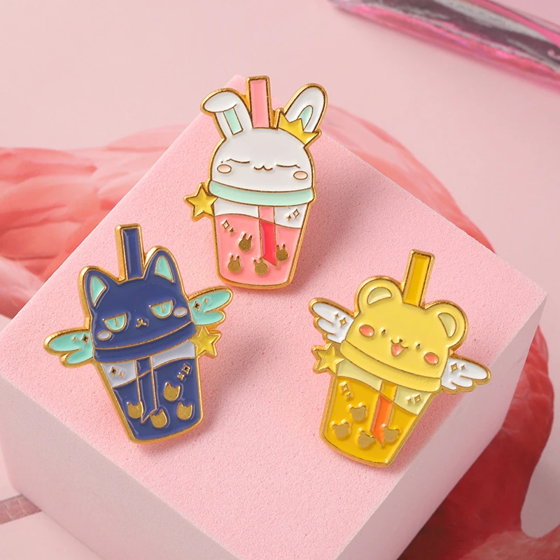

New Product Cartoon Cute Cat Milk Tea Cup Design Metal Paint Brooch Creative Milk Tea Cup Brooch New Drink Series Brooch