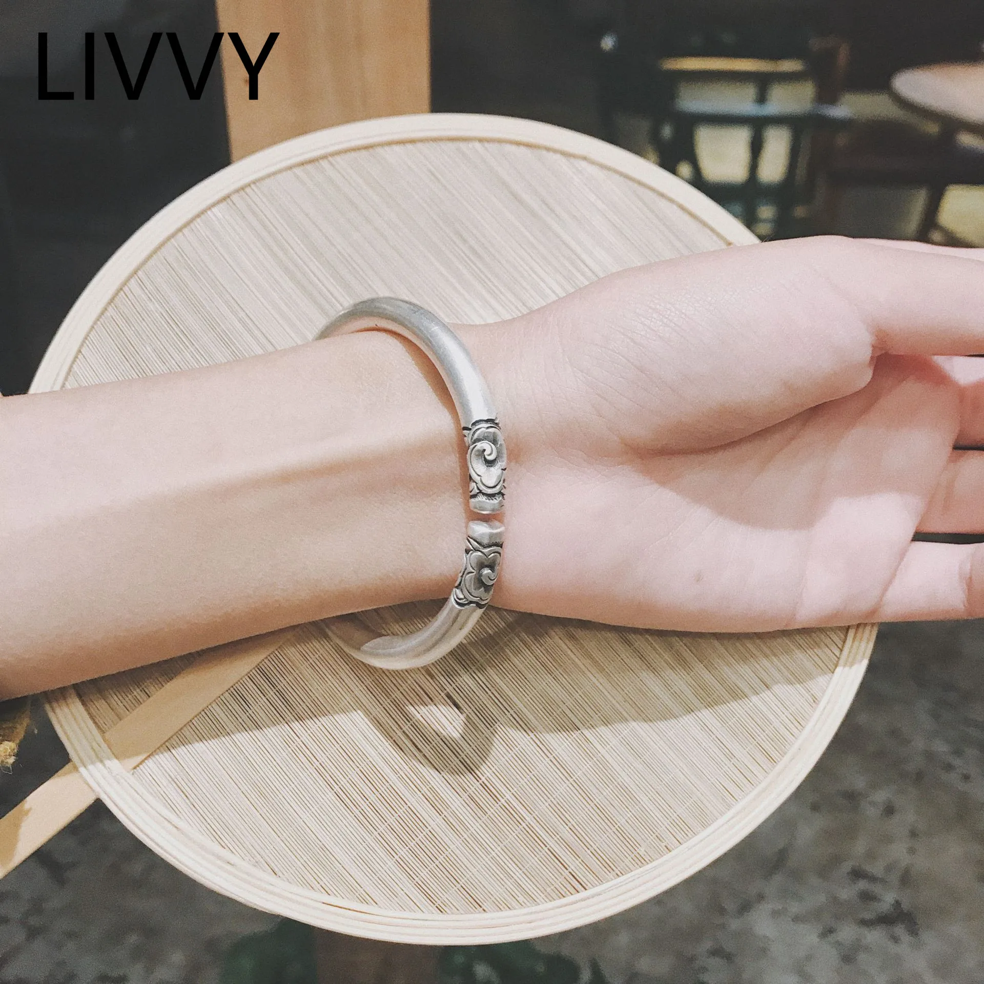 

LIVVY Silver Color New Simple Vintage Design Opening Bangles & Bracelet For Women Trendy Wedding Jewelry Accessories