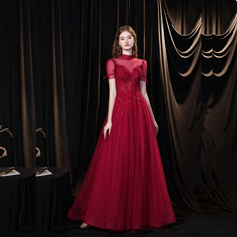 

2021 Spring Latest Wine Red Long Prom Party Dresses Tulle High Neck with Short Sleeves Beading Sequns Evening Gowns Back Out