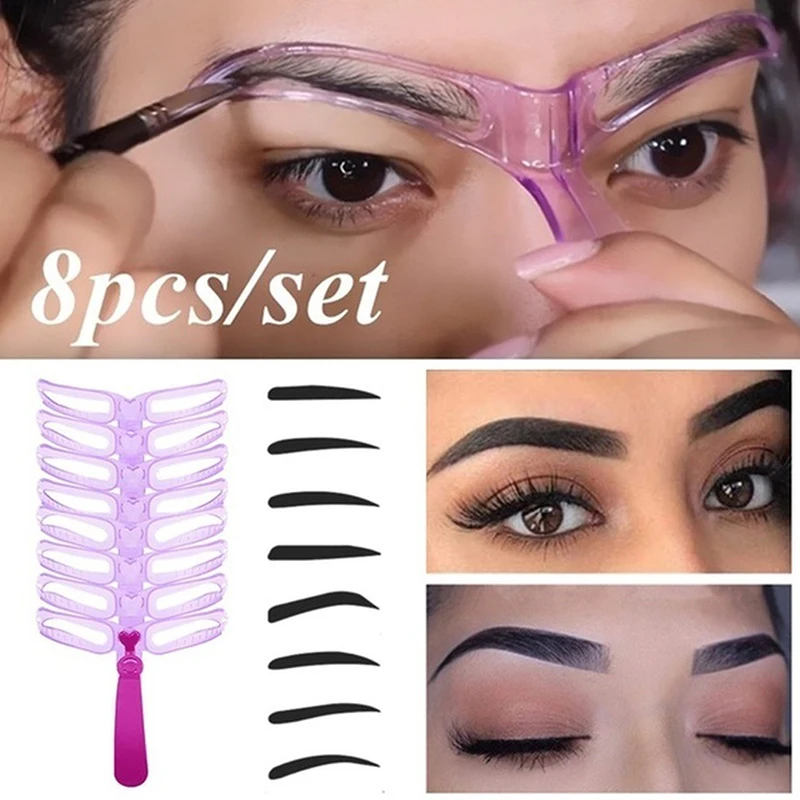 

8 Pcs Eyebrow Stencils With Handle And Strap Washable Reusable 8 Styles Eyebrow Template Beginner Makeup Auxiliary Tools