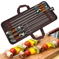 7pcs bbq stainless steel roasting forks w storage bag outdoor camping chicken wings meat skewer wood handle grill barbecue tool