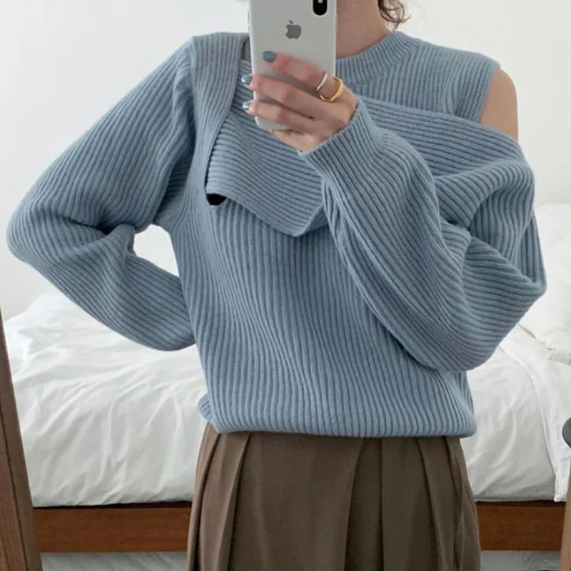

Korean Knitted Pullover Autumn Product Chic Cross Careful Machine Off Shoulder Pullover Top Long Sleeve Knitted Sweater Women