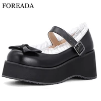 foreada mary janes lolita shoes pu leather platform wedges high heels pumps round toe bow buckle female footwear autumn black 46