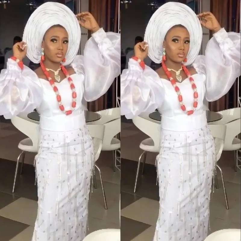 

Aso ebi white long-sleeved V-neck fringed mermaid sequins banquet formal occasion evening dress party prom dress