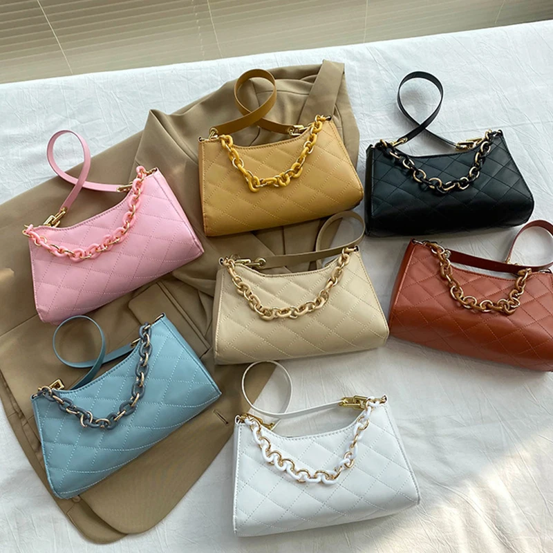 

Retro Diamond Grid Fashion Women'S Underarm Bags Solid Color PU Chain Female Handbag Fashion Ladies Shoulder Bag Free Shipping