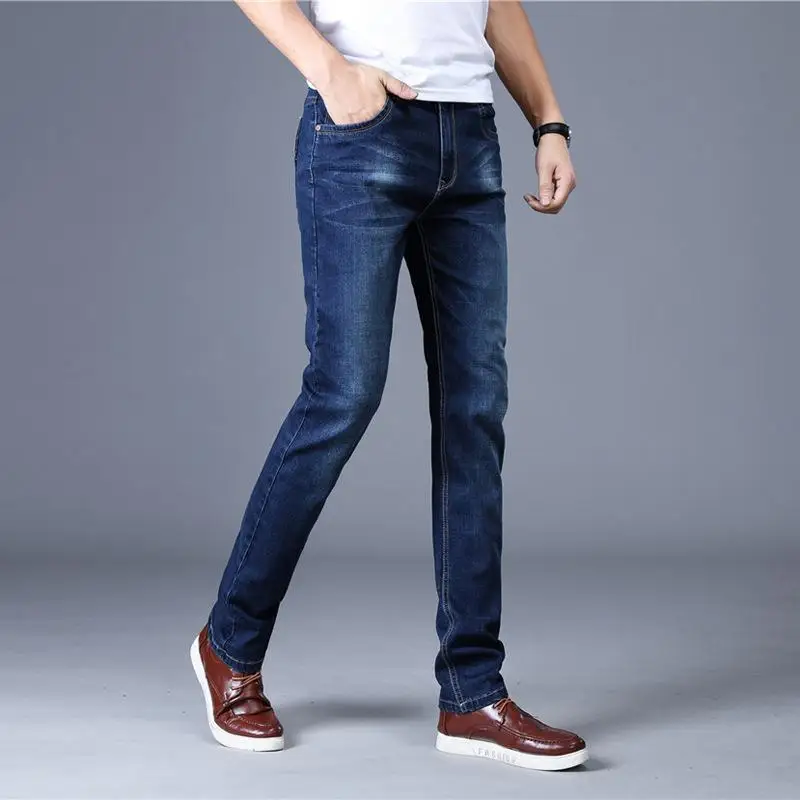 SHIYIKU New Summer Men's Brand Slim Jeans Business Casual Stretch Slim Jeans Trousers Light Blue Black Straight Trousers Men