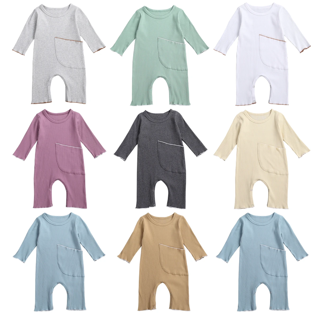 

Newborn Baby Girls Boys Solid Ribbed Romper Infant Long Sleeve Big Pocket Jumpsuits Knitted Spring Autumn Playsuit One Piece New