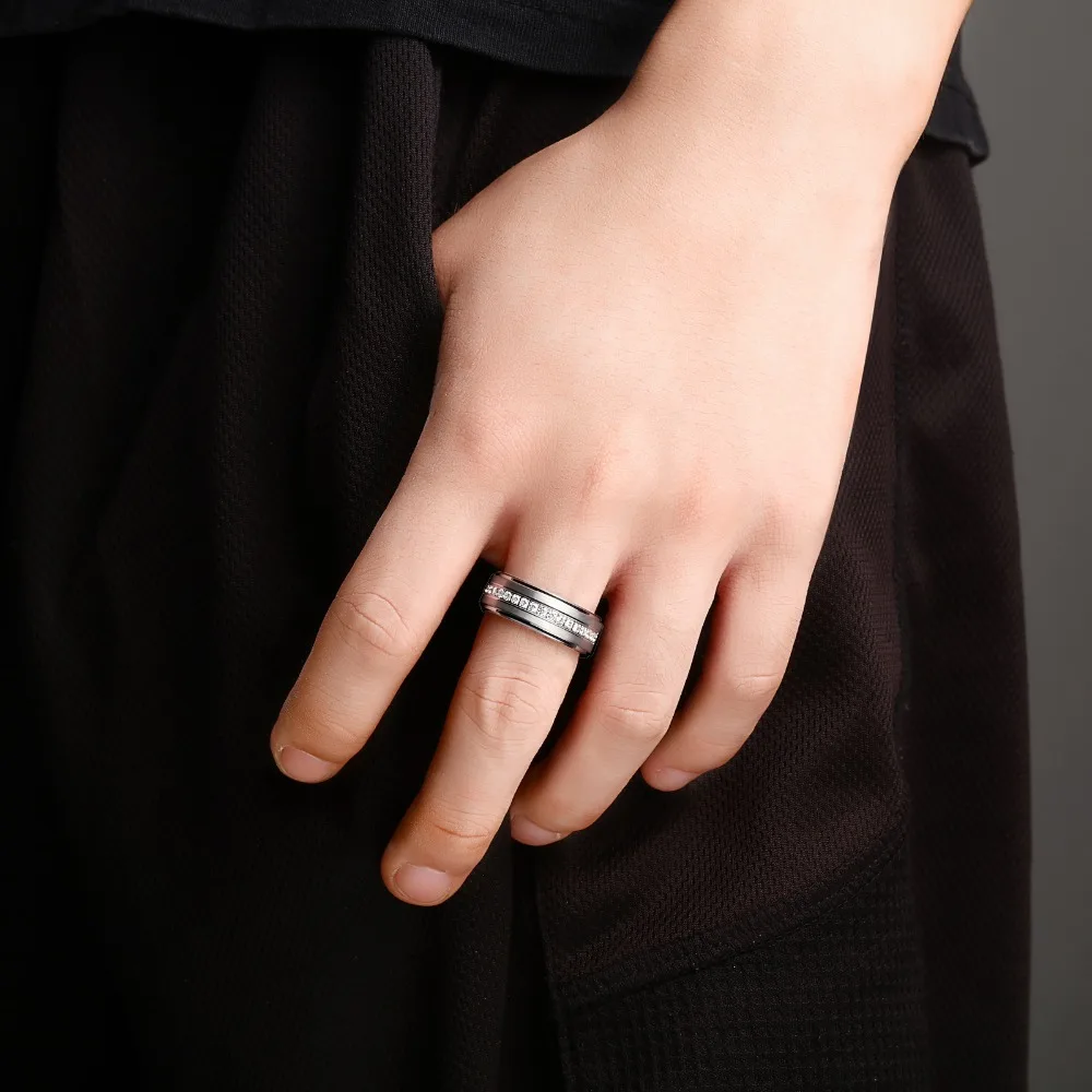 Newshe Mens Promise Wedding Band Tungsten Carbide Rings For Men Charm Ring 8mm Size 9-13 AAA White Round Zircon Jewelry TRX058