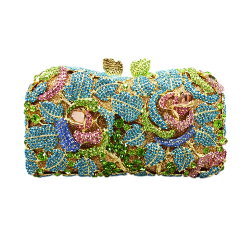 

XIYUAN Floral Woman Red Gold Silver Multicolor Diamond Handbag Crystal Wedding Party Dinner Rhinestone Evening Clutch Purse Bags