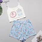 Женский пижамный комплект с милым мультяшным принтом, топ на бретельках и шорты, повседневный пижамный комплект, женская летняя пикантная Пижама без рукавов, пижамные комплекты, 2021