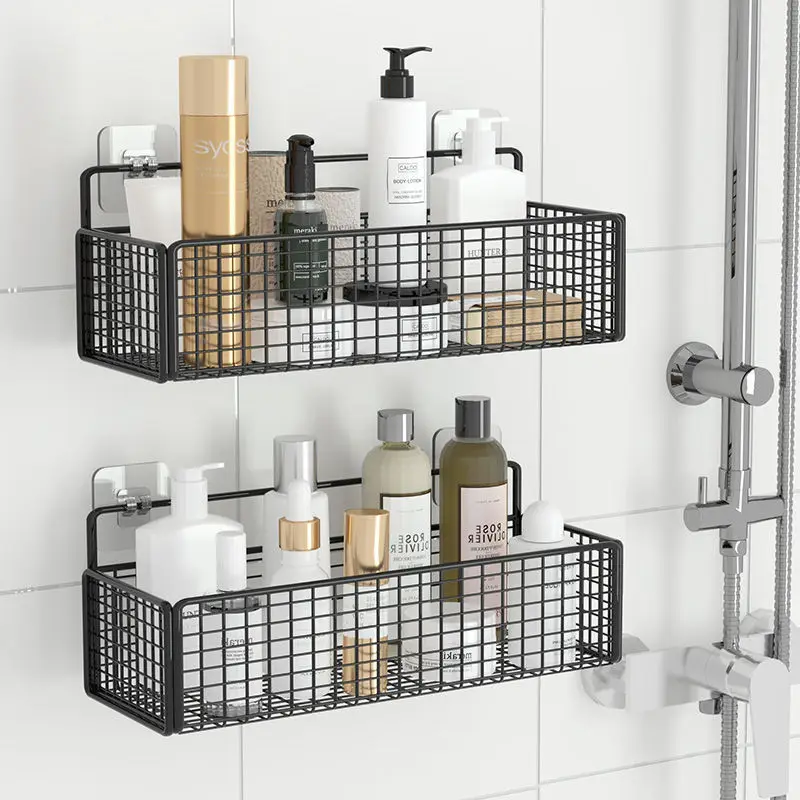black wall mounted bathroom shelf shower shampoo rack toilet accessories kitchen free punch condiment storage basket free global shipping