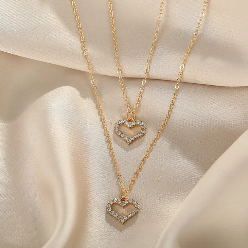 

Fashion Gold Rhinestone Heart Double Layer Necklace for Women Vintage Party Jewelry Gift