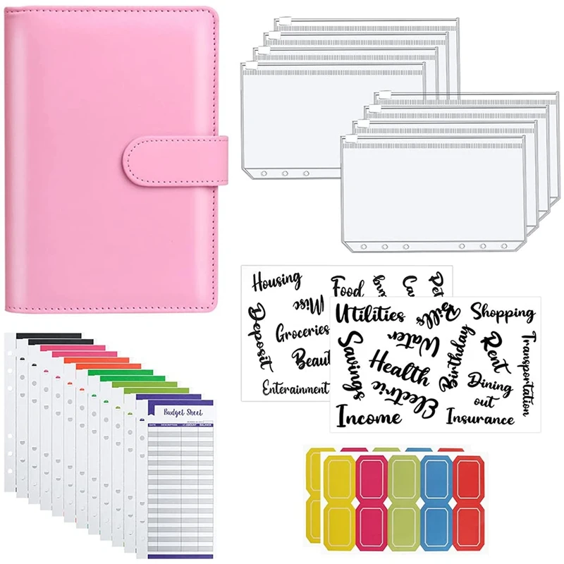 

A6 Notebook Binder Budget Planning Notepad 6 Ring Binder Cover, A6 Binder Pockets,Sticker Labels,Cash Envelopes System