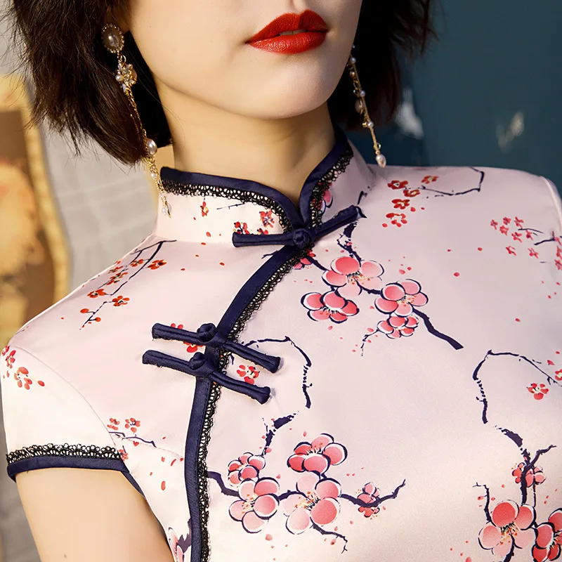 SHENG COCO женские сексуальные розовые цветы длинные Qipao национальные китайские платья свадебные Плюс размерное Ципао тонкий розовый шелк Qipao 4XL