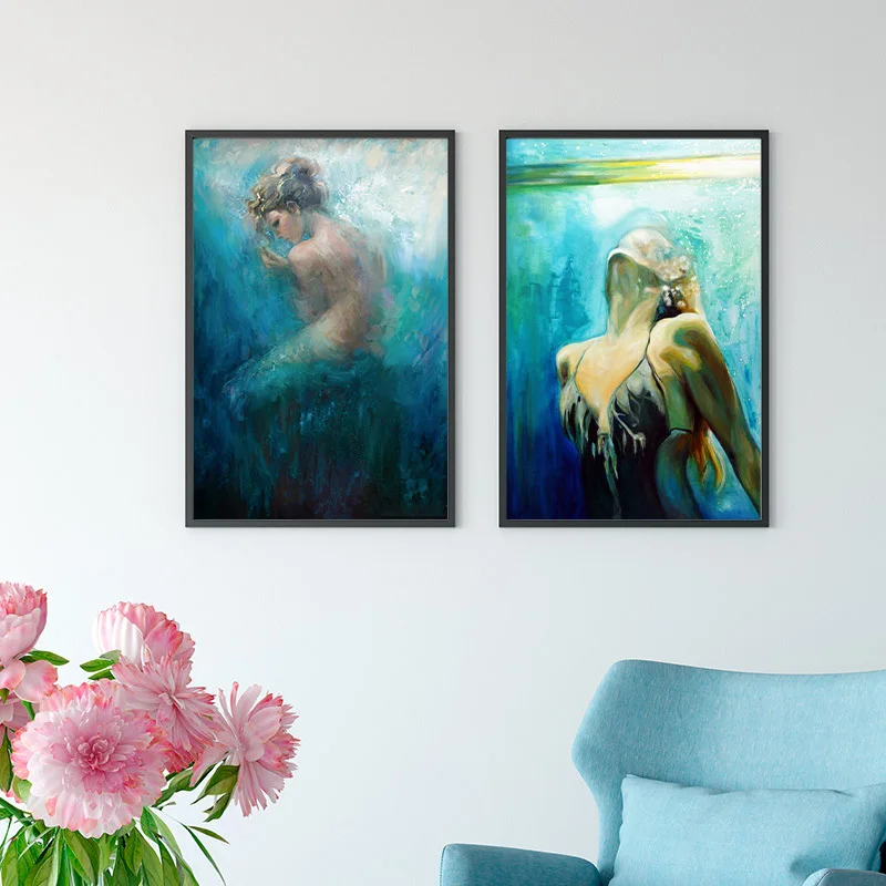 Настенная живопись на холсте синий глубоководный меланхоли девушка абстрактное