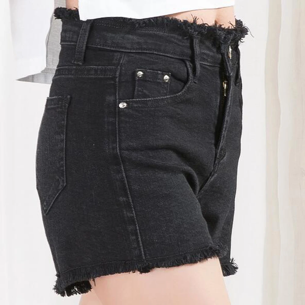 Летние черные джинсовые шорты с необработанными краями высокой талией