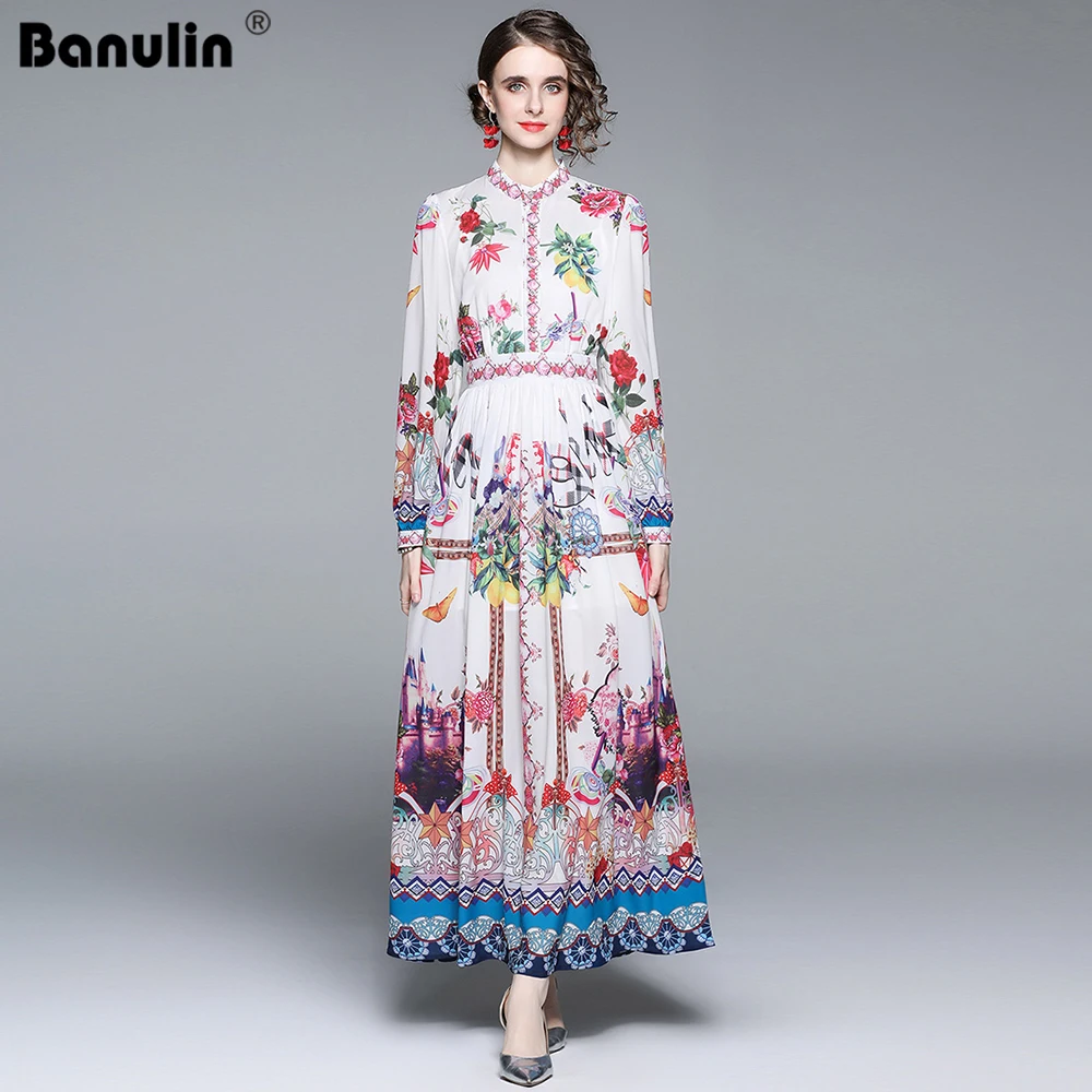 

Bohemian Spring Women Pleats Dress 2022 Runway Fashion Long Lantern Sleeve Romantic Floral Print Maxi Long Holiday Dress