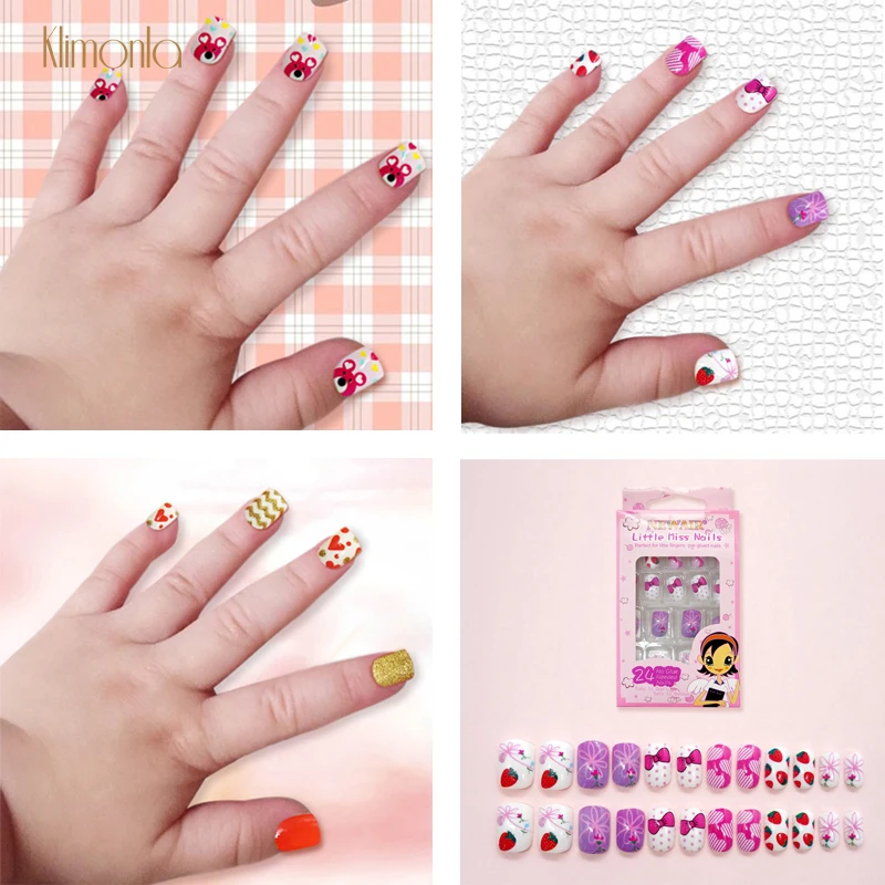 24pcs 15 Designs Short Head Cute Bear Strawberry Heart Fake Nails Press on Children Candy False Nail Tips Manicure Beauty Tools | Красота и