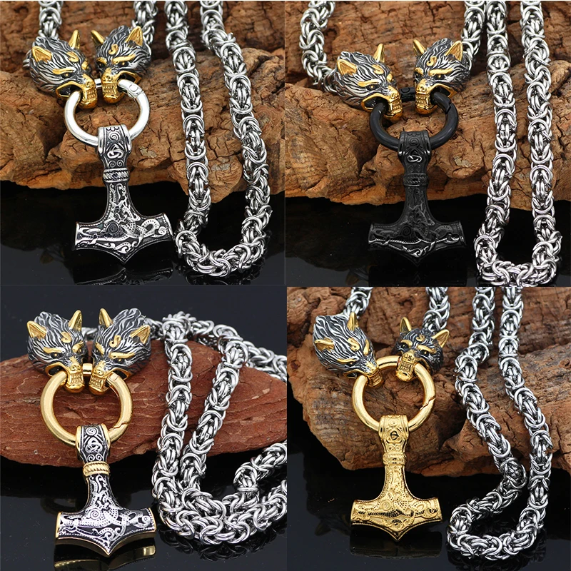 

Nordic Celtic Wolf Men's Viking Necklace Wolf Head Stainless Steel Gold Pendant Necklace Scandinavian Amulet Jewelry 50-70cm