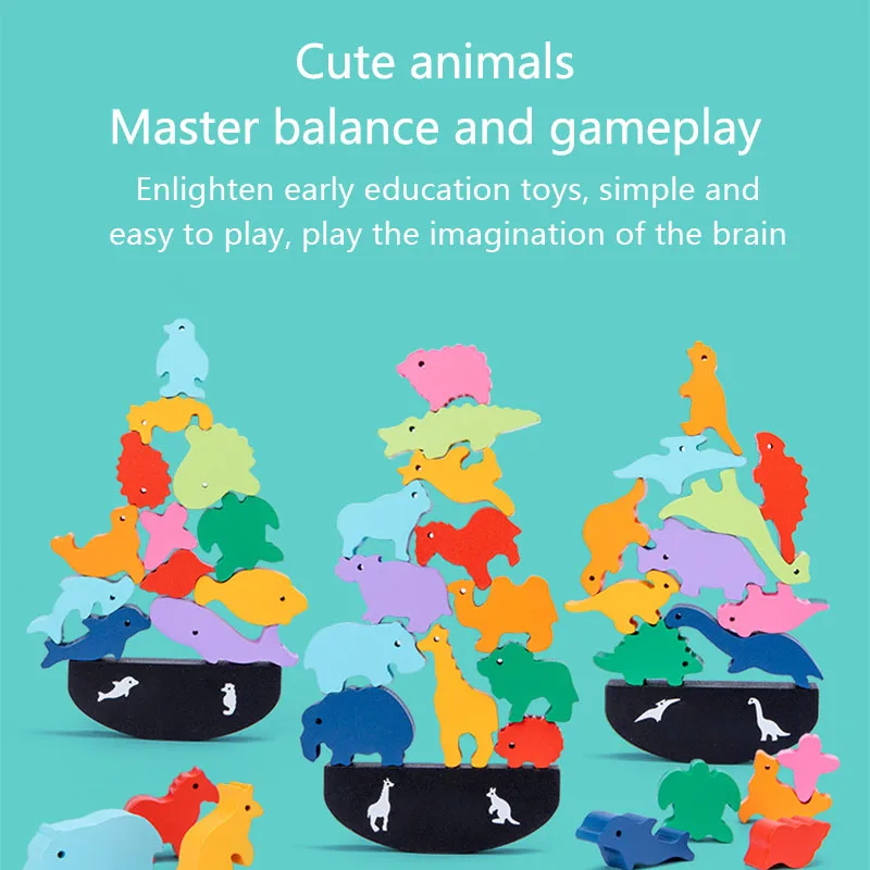 

Wooden Animal Balance Blocks Board Game Toy Children Montessori Dinosaur Educational Stacking High Building Block Wood Toy
