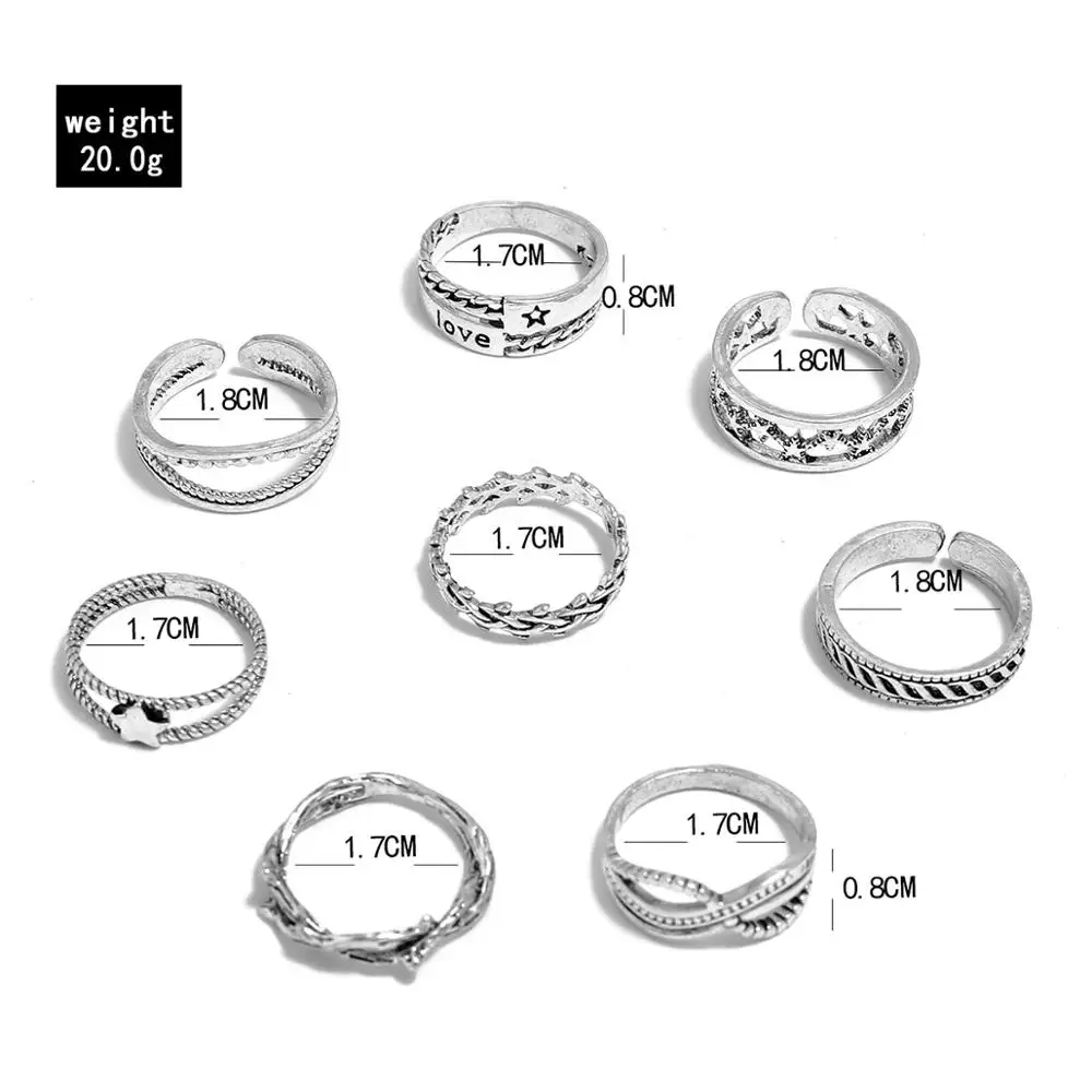 

Fashion women's geometric open ring, stars and thorns infinite 8-letter Love ring 8-piece set