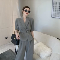 womens office pants suit summer gray short sleeve blazer female outfit high waist wide leg pants casual two piece set with belt
