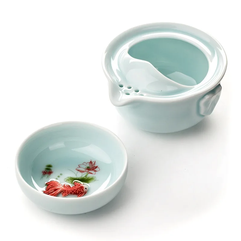 High Quality Elegant Gaiwan Tea Set celadon 3d Carp Kung Fu Include 1 Teapot Teacup beautiful And Easy Kettle. |