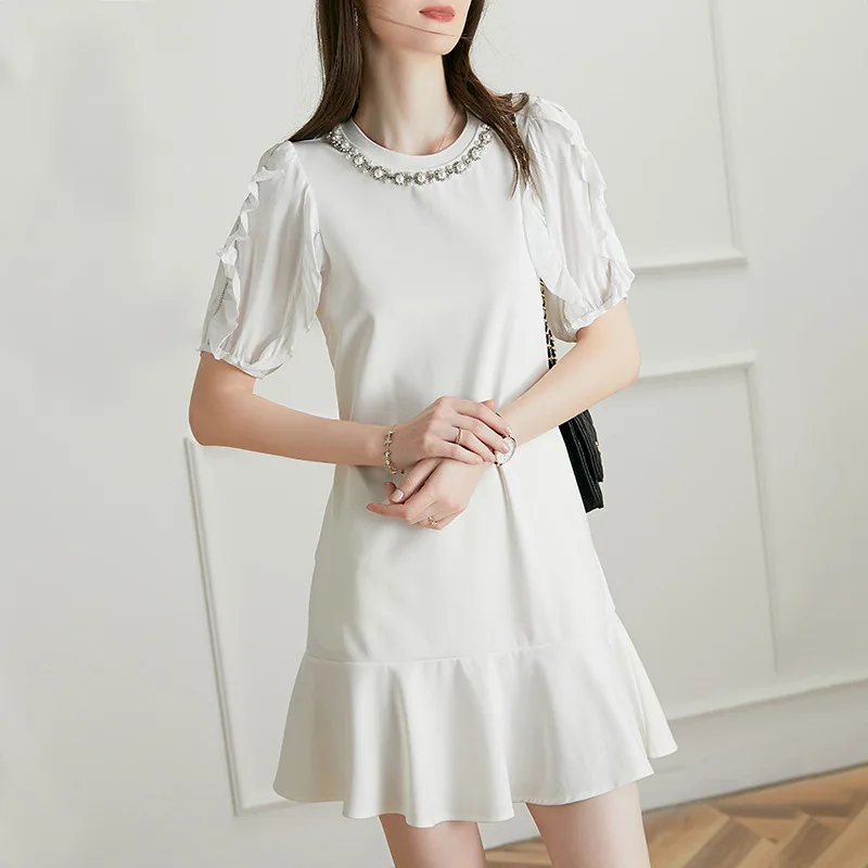 

2021 Summer High End Elegant O Neck Nail Beads Ruffles Stitching Short Puff Sleeves Black White Dress Women