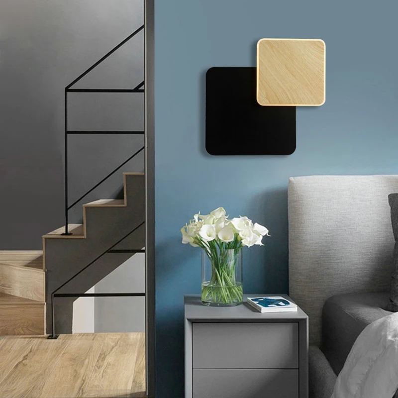 

300 Degree Rotateable Nordic Bedroom Bedside Wall Lights Metal Lampshade AC 220V Wood Sqaure Round Wall Lamp Living Room Home