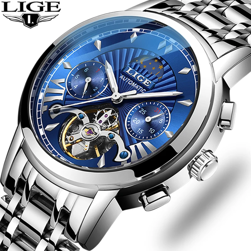 Часы наручные LIGE Мужские механические брендовые Роскошные автоматические