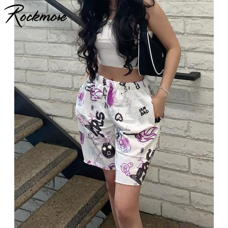 

Rockmore Summer Print Shorts Women Sweatpants Sport Casual Woven Shorts Harajuku Elastic High Waist Hot Short Pants Vintage 2021