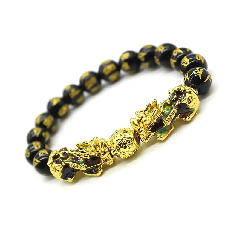 Натуральный камень черный обсидиан Pixiu браслет с тигровым глазом двойной Лаки